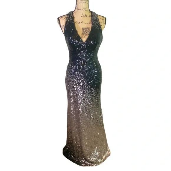 XSCAPE Ombré Sequined Racerback Gown
